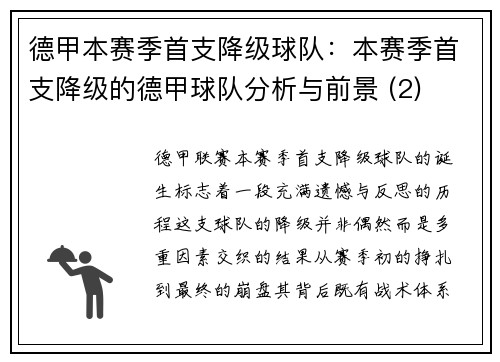 德甲本赛季首支降级球队：本赛季首支降级的德甲球队分析与前景 (2)